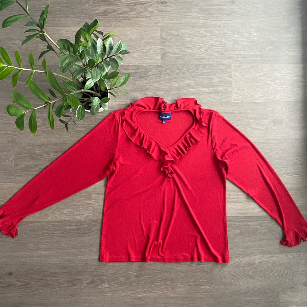 ADDITION ELLE Red V-Neck Ruffle Long Sleeve Thin Knit Sweater